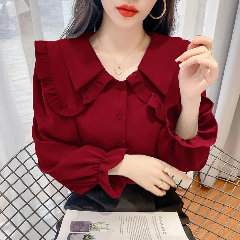 Áo Voan Thời Trang, Áo Dài Tay, Cổ Búp Bê Ngọt Ngào, Thiết Kế Đẹp, Thích Hợp Cho Mùa Xuân Và Mùa Thu, Thiết Kế Độc Đáo Dành Cho Nữ, Phong Cách Độc Đáo Hàng Mới Về