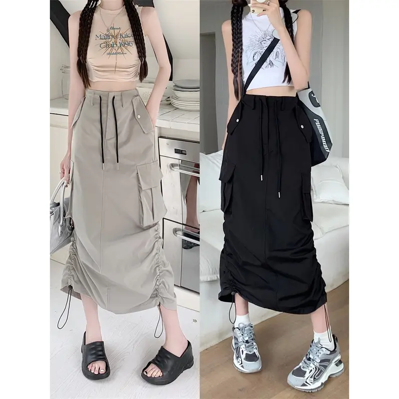 SUYU Fashion Cargo Midi Skirt High Waist Skirt Solid Color Vintage Loose Drawstring Long Skirt