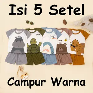 (ISI 5 SETEL) Setelan Anak & Bayi Laki Laki Raglan Animal Earthtone Series/ Baju Anak Laki Laki / Baju Bayi / Setelan Bayi 0 - 4 Tahun/ Parcel/ Parsel Baju Anak Xiao Wei Katun
