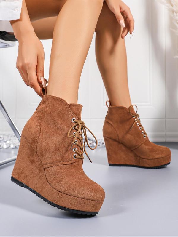Women's Fashionable Solid Color Lace Up Platform Ankle Boots, Casual Comfortable Wedge Boots for Fall & Winter, Female All-match Trend Shoes for Daily Wear 2