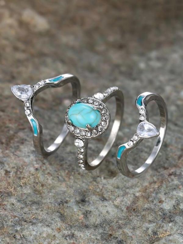 Fashion Boho Style Turquoise & Rhinestone Decor Rings, 3 Counts Temperament Rings, New Trend Hand Jewelry for Women & Men,fashion Jewelry for Party, Daily Clothing Decor, Trendy All-match & Exquisite Jewelry for Birthday Gift, Unique Rings 5