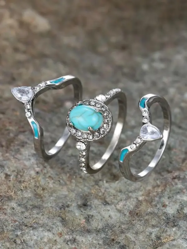 Fashion Boho Style Turquoise & Rhinestone Decor Rings, 3 Counts Temperament Rings, New Trend Hand Jewelry for Women & Men,fashion Jewelry for Party, Daily Clothing Decor, Trendy All-match & Exquisite Jewelry for Birthday Gift, Unique Rings 5