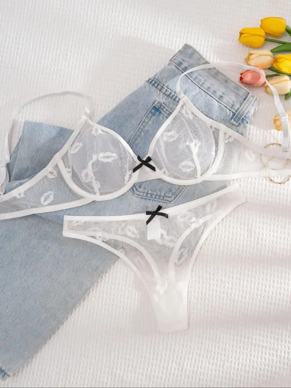 Women's Plain Lip Embroidery Underwire Bra & Panty Two-piece Set, Elegant Comfy Breathable Bra & Panty Set, Lingerie Set for Women 3