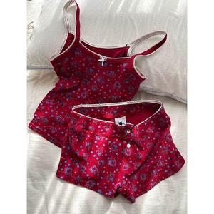 ชุดนอนสตรีสไตล์ฝรั่งเศสระดับไฮเอนด์ ใส่สบาย ลายช้างแดง เหมาะสำหรับฤดูใบไม้ผลิและฤดูร้อน สไตล์น่ารักและเซ็กซี่ ชุดเสื้อชั้นในนักเรียน OOTD