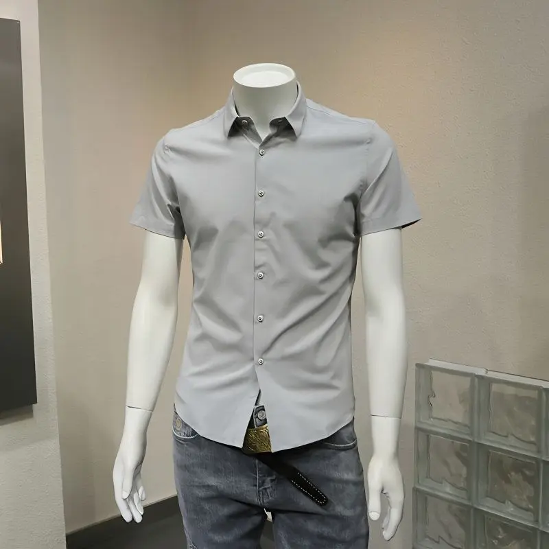 Áo Sơ Mi Nam Ngắn Tay, Dễ Phối Đồ Thường Ngày Phong Cách Hàn Quốc, Dáng Ôm, Áo Sơ Mi Trẻ Trung, Màu Trơn Đẹp Trai, Áo Đơn Giản Công Sở, Dành Cho Nam
