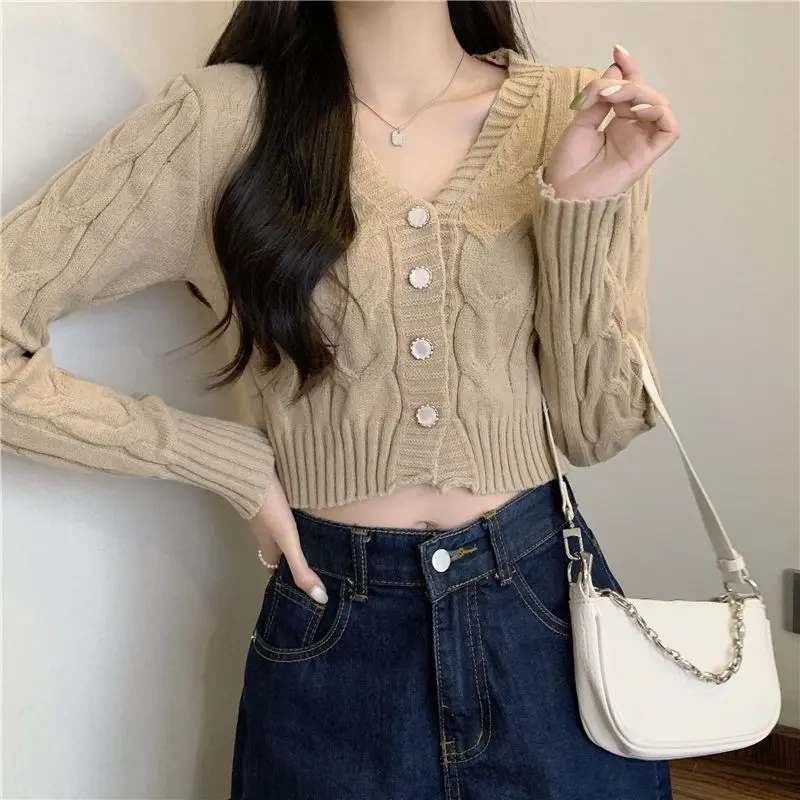 Áo Len Cardigan Ngắn Tay Dệt Kim Cổ Chữ V, Phong Cách Hàn Quốc, Dành Cho Nữ, Thích Hợp Cho Mùa Thu, Áo Trên Top Women Khuy Kem