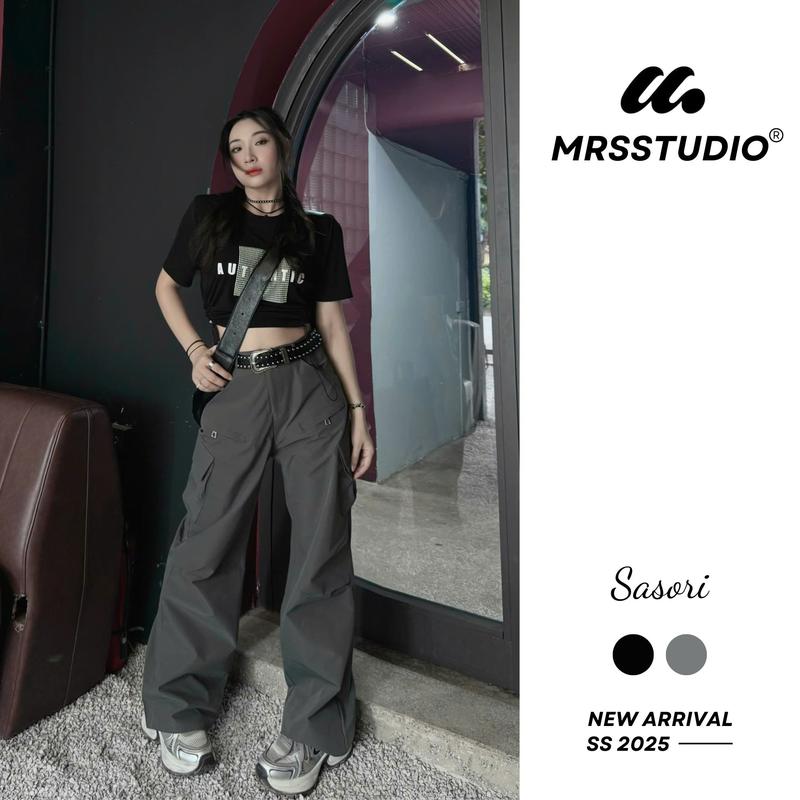 MRSSTUDIO - Quần dù gió thô khóa đùi MRQ055G Nữ Pants Women Jeans Denim Có Túi Xám