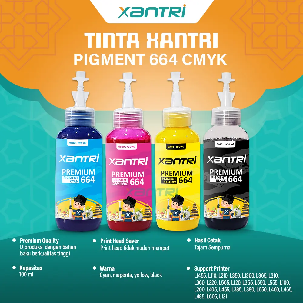 Tinta Xantri Pigment 664 Cyan Magenta Yellow Black 100ml Support Printer Epsn WF Series M Series L1455 L110 L210 L350 L1300 L365 L310 L360 L220 L565 L120 L355 L550 L555 L100 L200 L405 L455 L385 L380 L650 L460 L465 L485 L605 L121