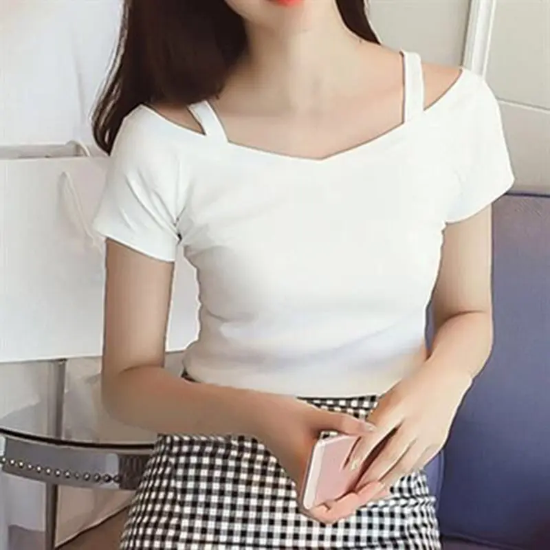 Áo Thun Nữ, Trễ Vai Và Dây Đeo, ngắn Tay, Màu Trơn Dáng Ôm, Áo Chui Đầu, Thích Hợp Cho Mùa Hè, Phong Cách Thời Trang Đường Phố 1