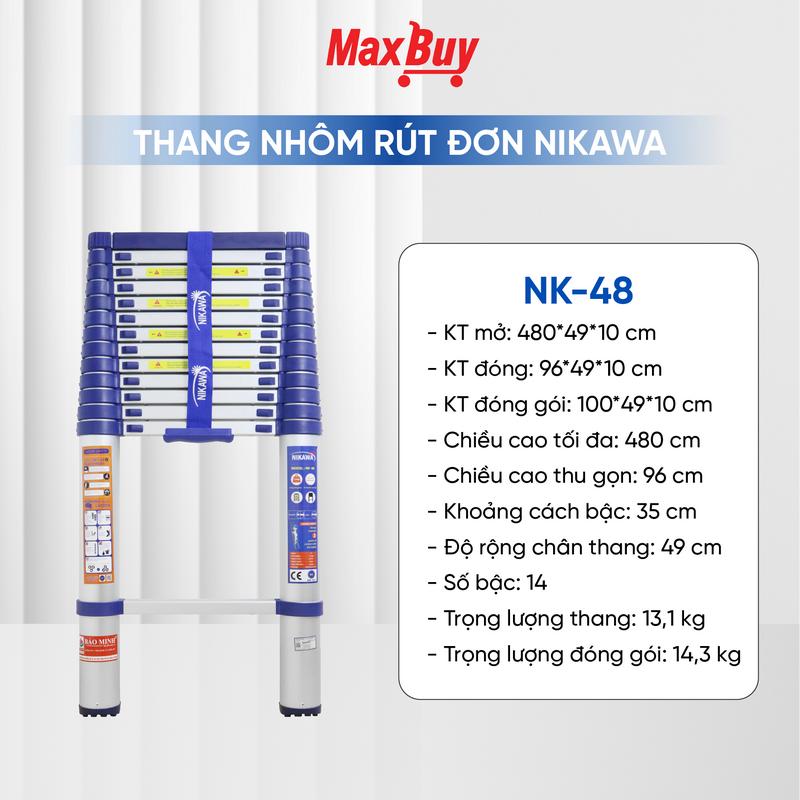 Product Introduction of Nikawa - Thang nhôm rút đơn 4m8 NK-48 chiều cao sử dụng tối đa 4,8m Bảo hành 18 tháng - TẶNG KÈM ĐỆM CAO SU 12