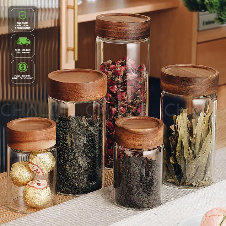 Lọ thủy tinh nắp gỗ vặn màu sậm, borosilicat chịu nhiệt nhiều cỡ 210 ~ 800ml [Hàng loại 1, dày đẹp]