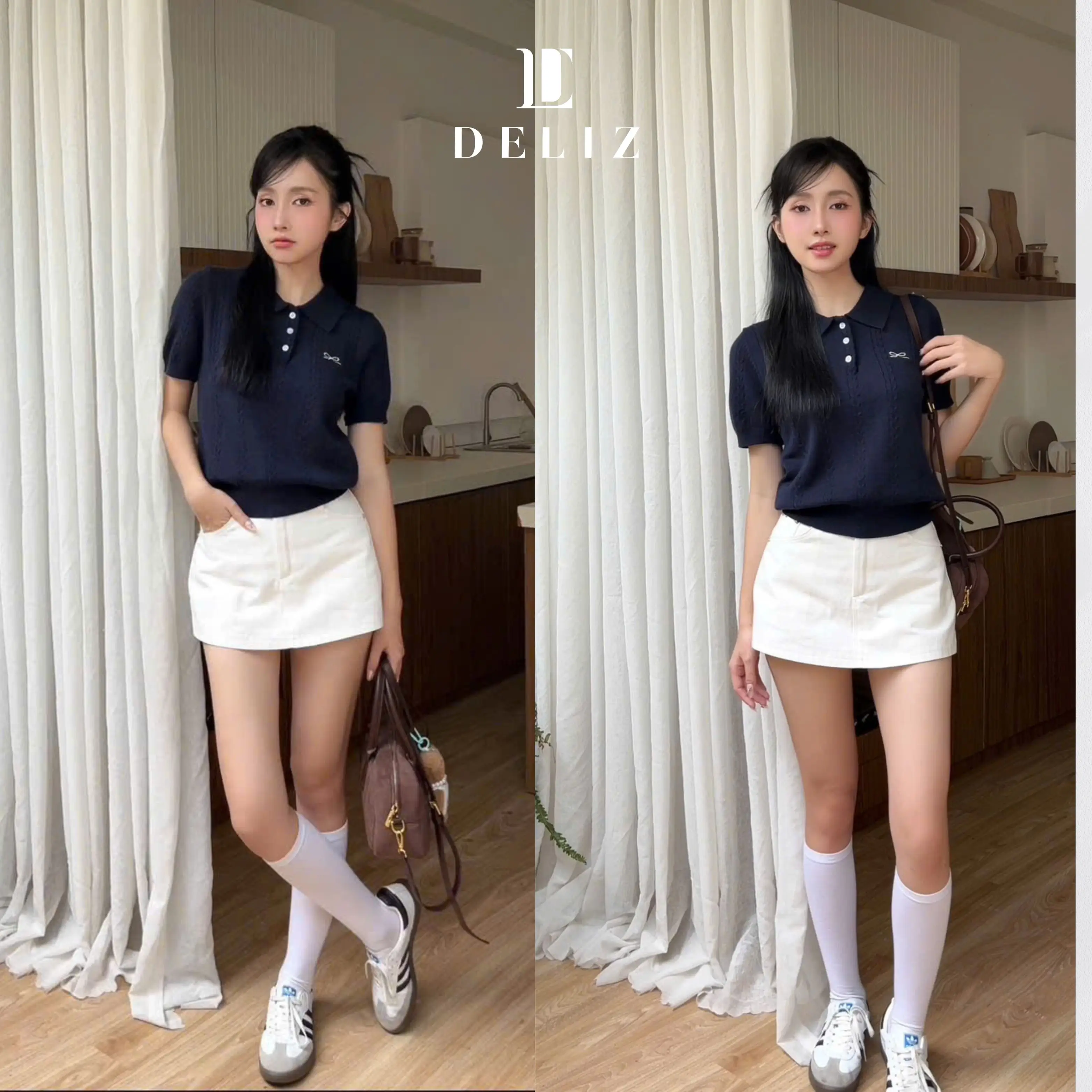 DELIZ - Áo len polo cộc tay thiết kế vặn thừng thêu nơ tiểu thư basic - PL11