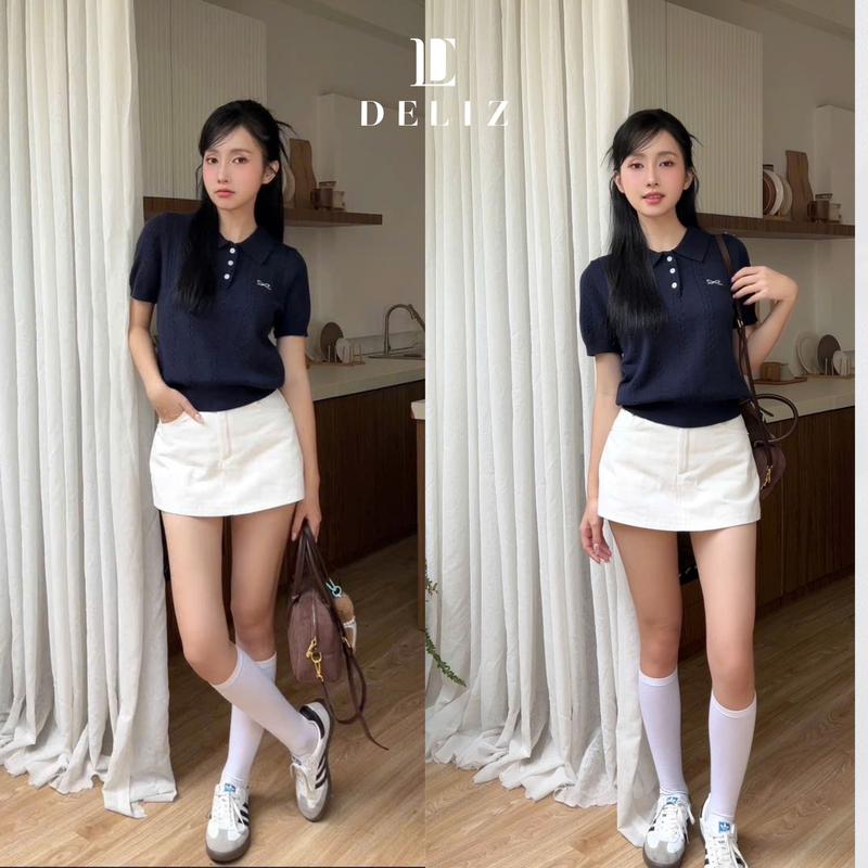 DELIZ - Áo len polo cộc tay thiết kế vặn thừng thêu nơ tiểu thư basic - PL11