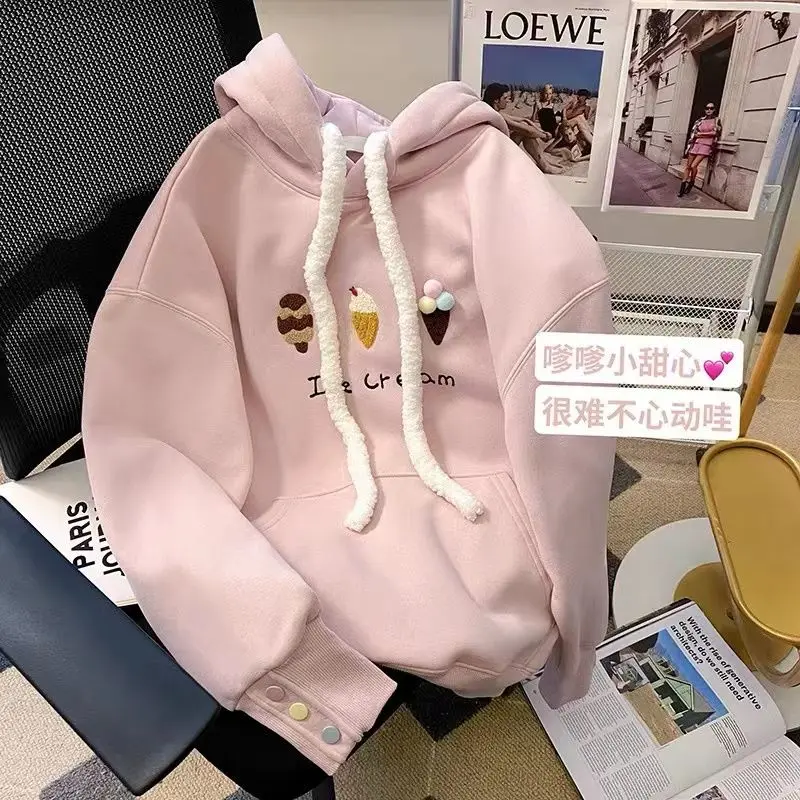 Áo Hoodie Thêu Hoạt Hình, Màu Hồng, Dành Cho Nữ, Mùa Thu Và Mùa Đông, Hàng Mới Về Năm 23, Đệm Nhung, Dày Dặn, Có Thể Mặc Ngoài Trời, Dáng Rộng Rãi Và Ấm Áp, Áo Khoác