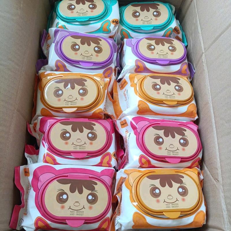 Thùng 10 gói khăn ướt Gấu Baby 650 không mùi khổ 17x22cm vải bi dày dặn Voi Cho bé