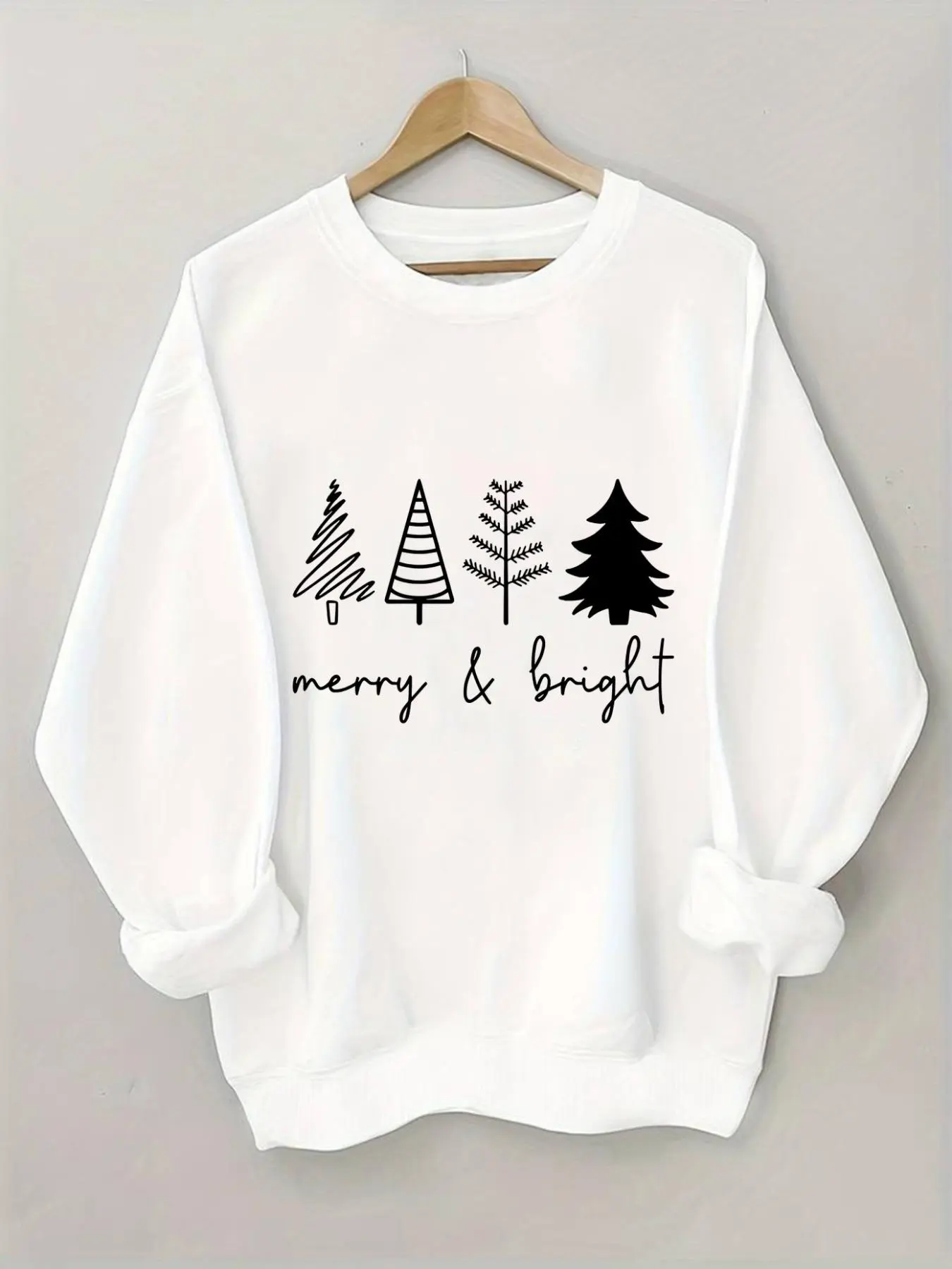 Women's Christmas Tree & Letter Print Thermal Lined Sweatshirt, Casual Long Sleeve Round Neck Pullover for Fall & Winter, Ladies Clothes for Daily Wear