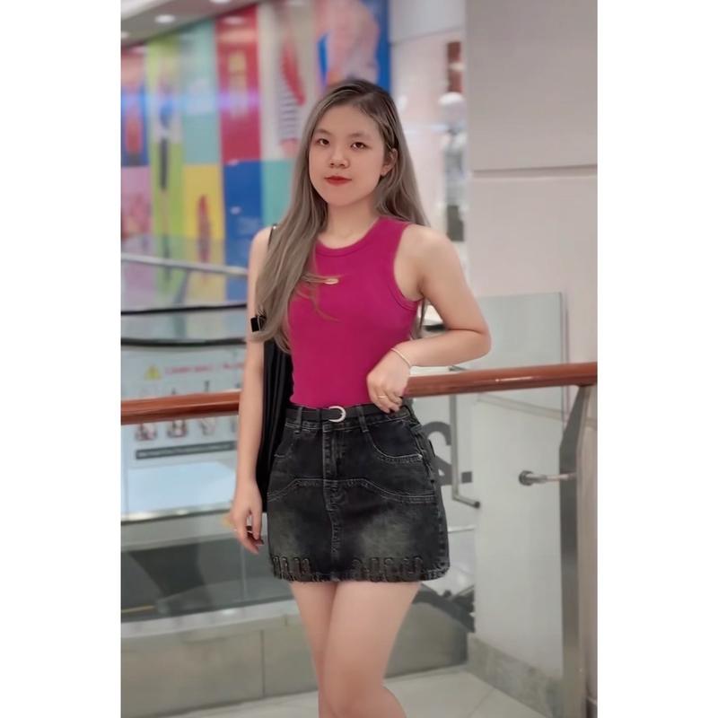 355 LIVE BIGSIZE 85KG Chân váy jean nữ ngắn cạp cao chân váy bò nữ dáng chữ A lưng cao thêu chữ có quần trong Women Voan