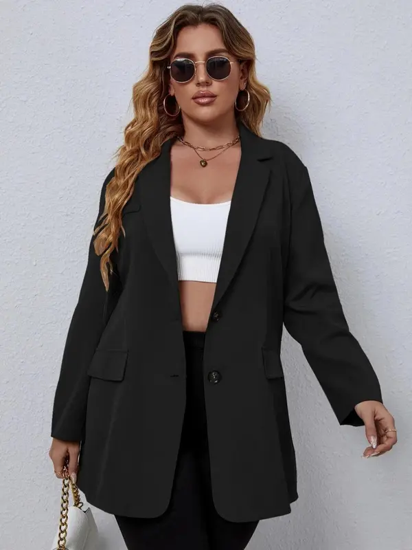 Plus Size Women's Solid Color Pocket Button Front Blazer, Plus Casual Long Sleeve Lapel Neckline Blazer for Spring & Fall, Coats for Women, Women's Plus Clothes for Daily Wear 0