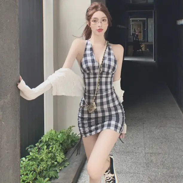Korean Style Plaid Halter Sleeveless Strap Dress Sweet Spicy Girl Slim Fit Elegant Backless Color Block Bodycon Dress