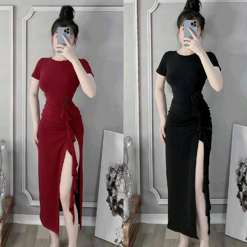 Đầm body nhún eo dáng dài cổ tròn tay ngắn xẻ tà hông phối hoa sang chảnh chất thun Ladong mềm mịn O7K2 Nữ Dress Women Đỏ