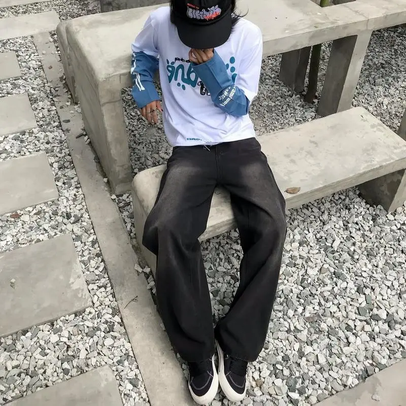 Celana Jeans Kulot Pria Baggy Pants Skena Y2K Pinggang Loose Straight Jumbo Cowok Biru Hitam Shabby Chic Loose-fitting - Basic Panjang