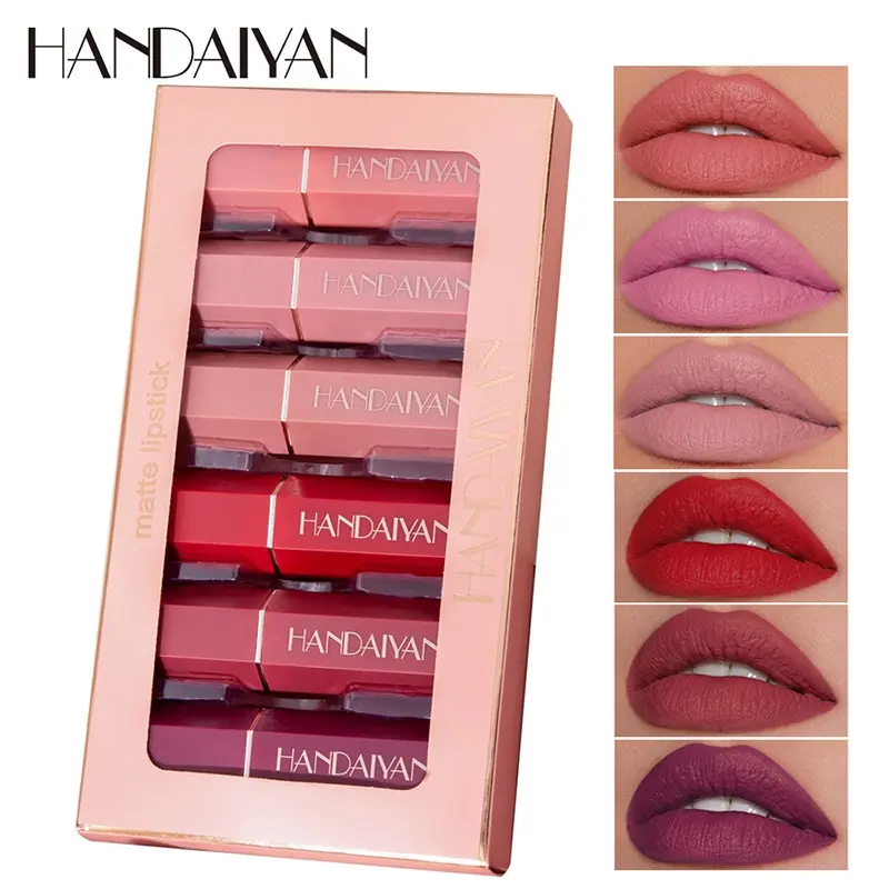 Set Gincu, HANDAIYAN , velvet 6 Keping, Kemasan Pusam, Pelembap, Gincu Lipstick Makeup gincu bald Lipstik
