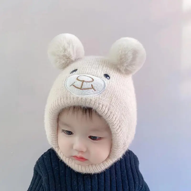 Mũ Len Cho Em Bé Thiết Kế Hình Gấu Dễ Thương, Có Khăn Quàng Cổ, Bông Pom Pom Mềm, Mũ Dệt Kim Cho Trẻ Sơ Sinh, Ấm Áp Mùa Đông, Thích Hợp Cho Trẻ Mới Biết Đi Và Trẻ Em, Mũ Bảo Vệ Tai, Máy Giữ Ấm Cổ