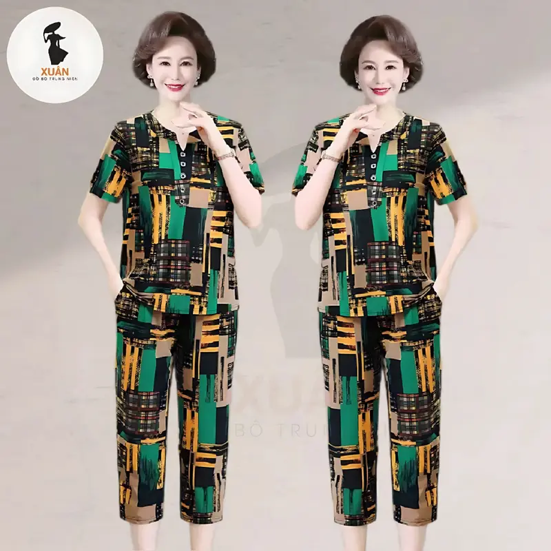 Đồ bộ trung niên thun cotton mặc nhà cho mẹ u50,XUÂN FASHION quần 9 tấc co dãn thoải mái cao cấp TH23 2