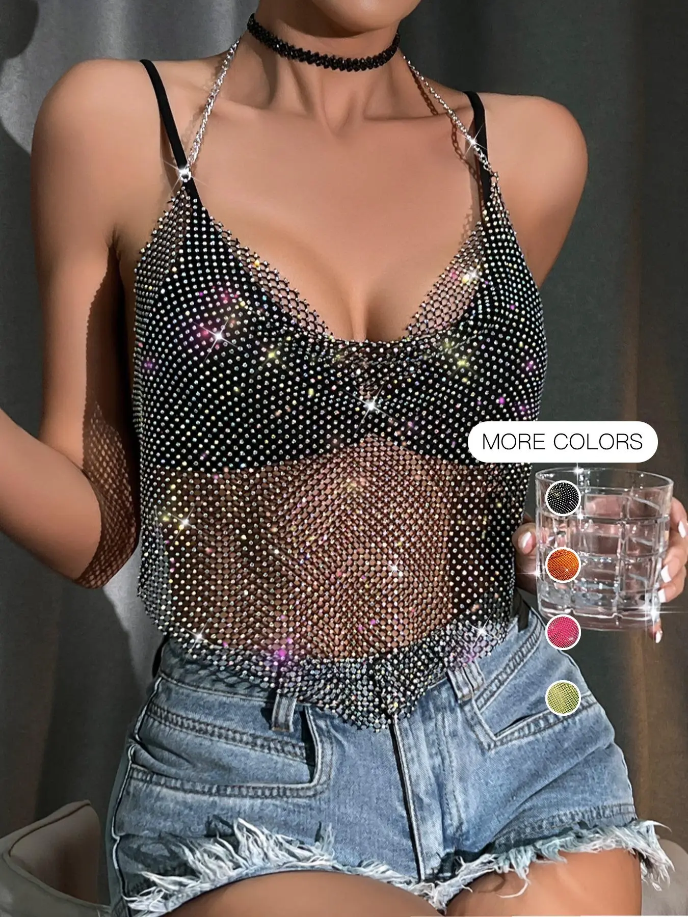 Women's Rhinestone Decor Chain Decor Backless Crop Halter Top, Street Fashion Draped Sheer Tie Back Top for Daily Holiday Vacation Outdoor Wear, Ladies Clothes for Summer Valentine's Day, gift