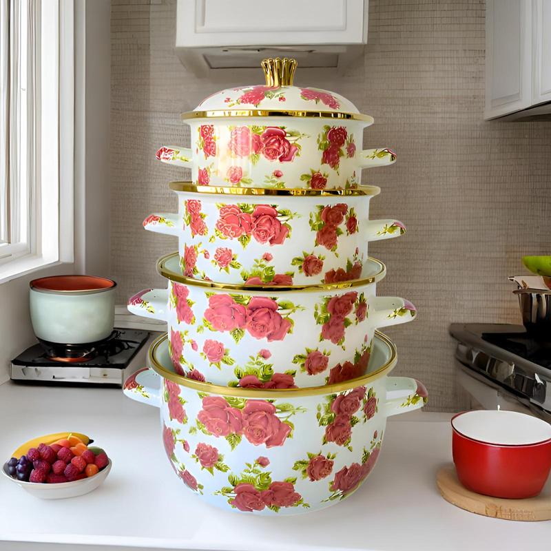 Rose Pattern Enamel Pot with Lid & Handle, 1 Count Vintage Style Flower Pattern Pot, Kitchen Cookware for Home Use, Kitchen Accessories 4