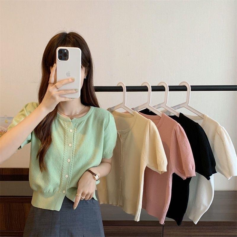 ￼Áo dệt kim tay ngắn nữ kiểu cổ tròn dáng coptop, Áo cardigan tay bồng len mongtoghi hàng Quảng Châu
