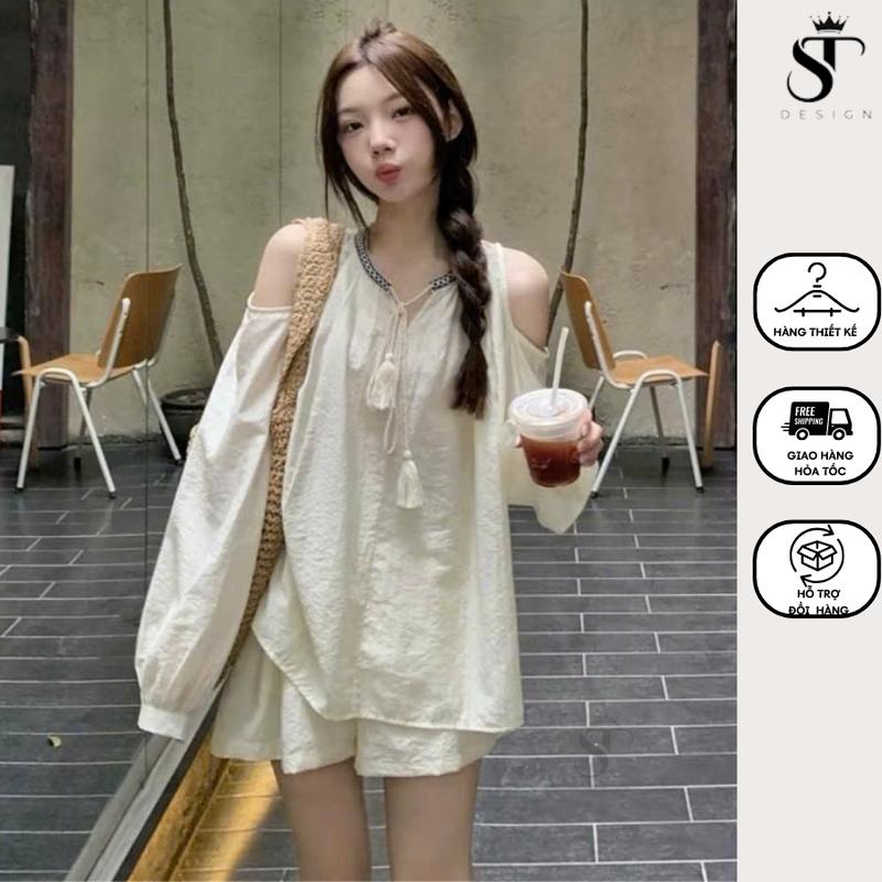  Set áo tơ  dài tay hở vai sang chảnh + quần short ống rộng phong cách nhẹ nhàng - ST Design - S09 du lịch cà phê biển 