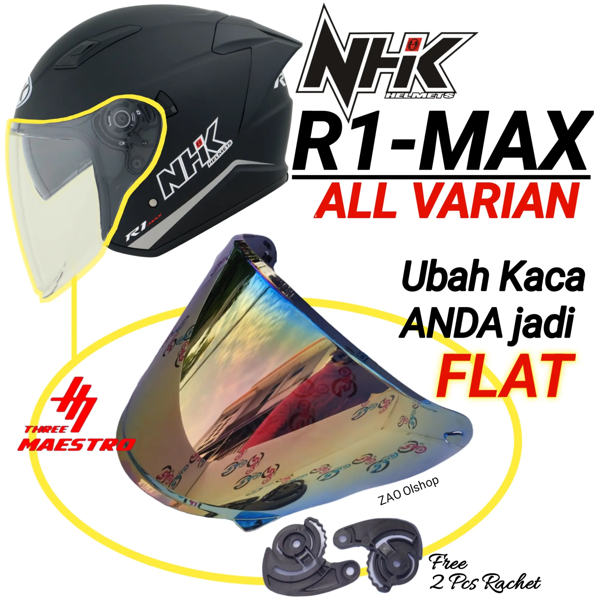 Kaca Helm NHK R1 MAX FLAT SOLID tebal nyaman real datar iridium by Three Maestro ermax tm1