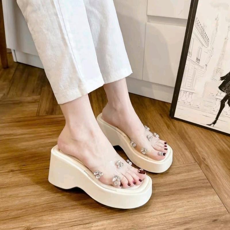 Dép Xuồng Nữ Jean Giày Đồng Đế Cao 7cm Da Trong Mềm Đính Đá Sang Trọng Thoải Mái Phối Đầm Chân Váy Quần Jean
