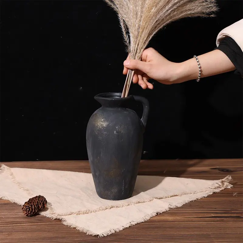 Rustic Ceramic Vase, 1 Count Vintage Farmhouse Pottery Vase with Handle, Home Decor for Living Room, Entryway, Wedding 4