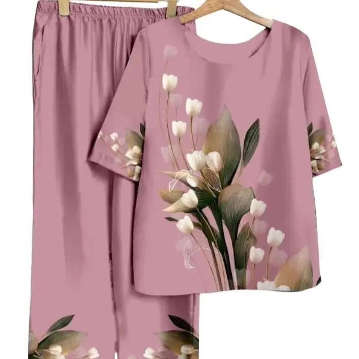 ĐỒ BỘ TRUNG NIÊN cao cấp Nữ Women Voi Áo Top Polo Sen Kem Hoa Sen Quần Ngủ Áo ngủ Pijama do bo nu kiểu đẹp 2