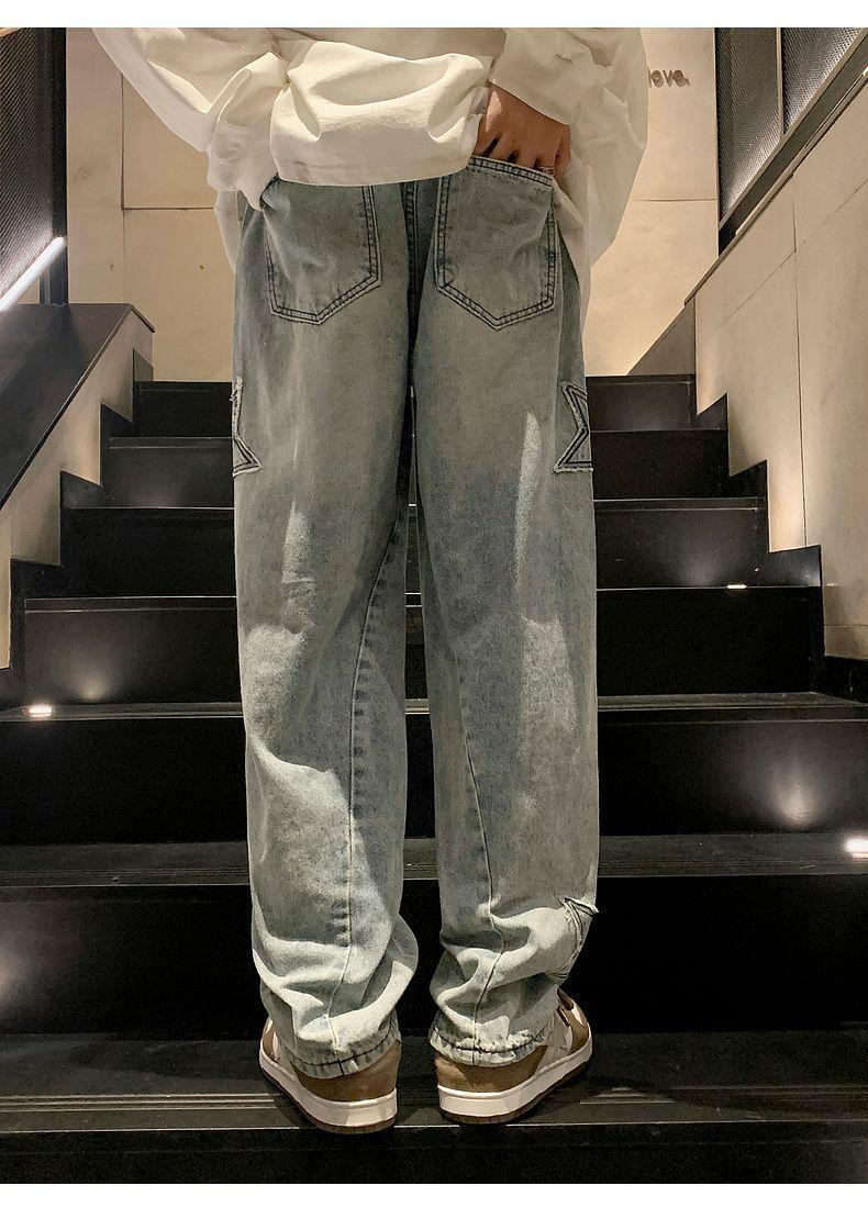 Product Introduction of Pants Men's Ins Fashionable Loose Wide-Leg American Vibe High Street Jeans Men's Fashionable Fried Street Ruan Shuai Straight Men's Pants Sneaker 31