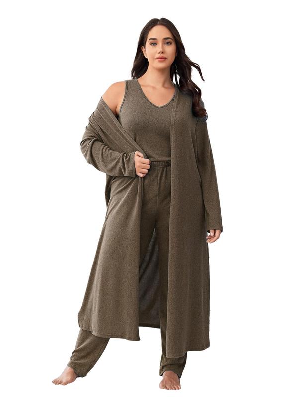 Plus Size Solid V Neck Tank Top & Elastic Waist Pants & Open Front Lounge Robe Set, Casual Comfy Sleepwear Set, Womens Clothes, Women's Sleepwear for All Seasons Valentine's Day, gift, Pajamas 6