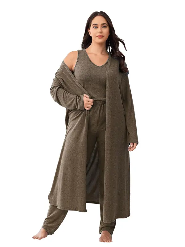 Plus Size Solid V Neck Tank Top & Elastic Waist Pants & Open Front Lounge Robe Set, Casual Comfy Sleepwear Set, Womens Clothes, Women's Sleepwear for All Seasons Valentine's Day, gift, Pajamas 6