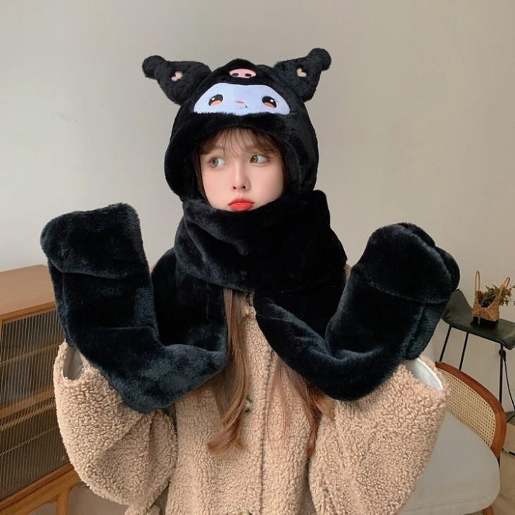 Mũ Lông Cừu 3in1 Hoạ Tiết  Kuromi Siêu Kute Mũ Kèm Khăn Quàng Cổ Và Sỏ Tay Kiểu Dáng Hàn Quốc Women Hoa 1