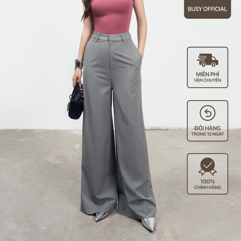 Quần Ống Rộng Nữ Cạp Cao BUSY Vải Tuýt Si Kẻ Trắng QOR Women Quần Âu Đen
