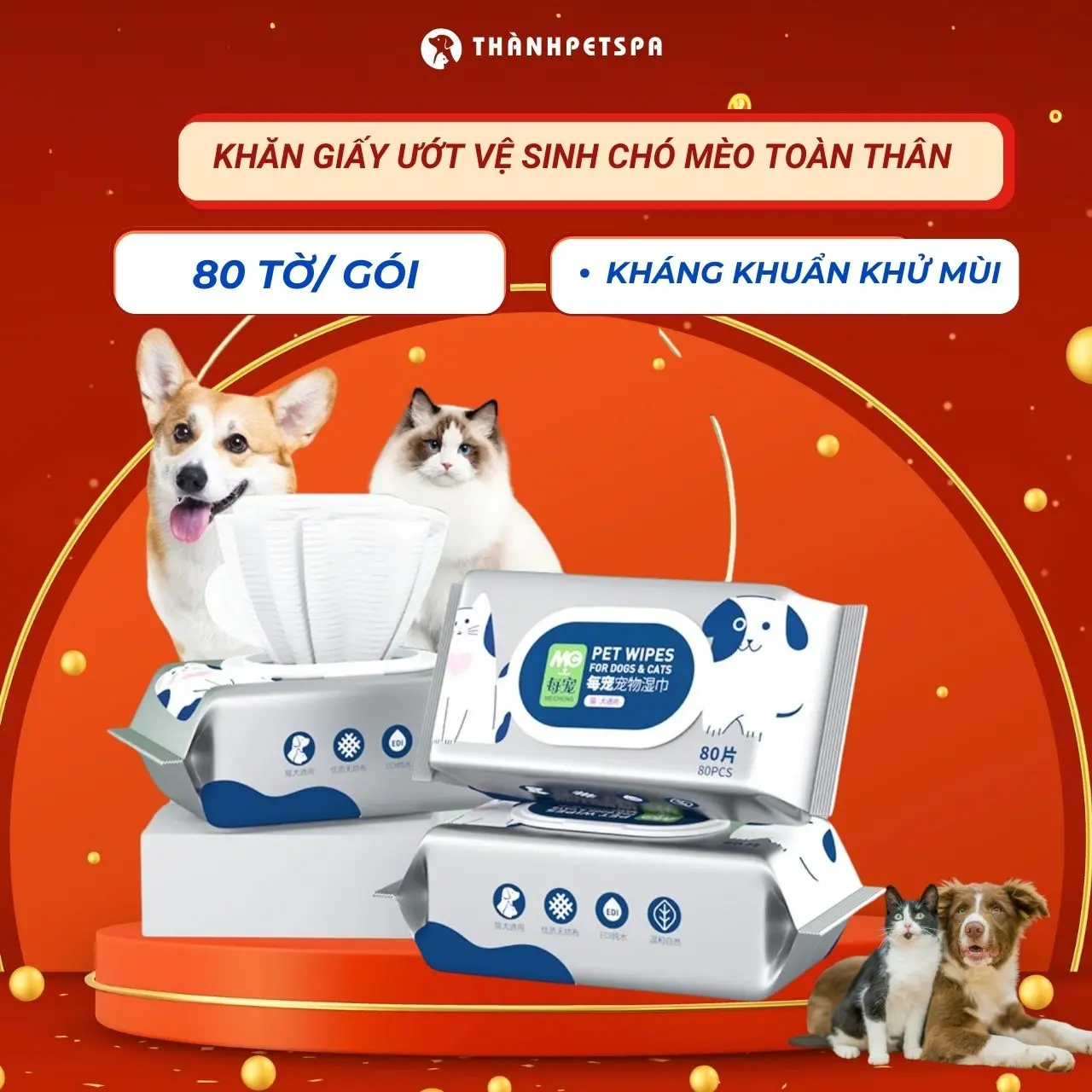 Khăn ướt tiện lợi đa năng kháng khuẩn khử mùi cho thú cưng, vệ sinh nhẹ nhàng đa vị trí cho chó mèo — TICIPET