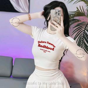 Áo Thun Croptop Thun Borip Form Basic Ôm Body In Hình Badblood, Nữ Women Cổ Tròn Dáng Ngắn