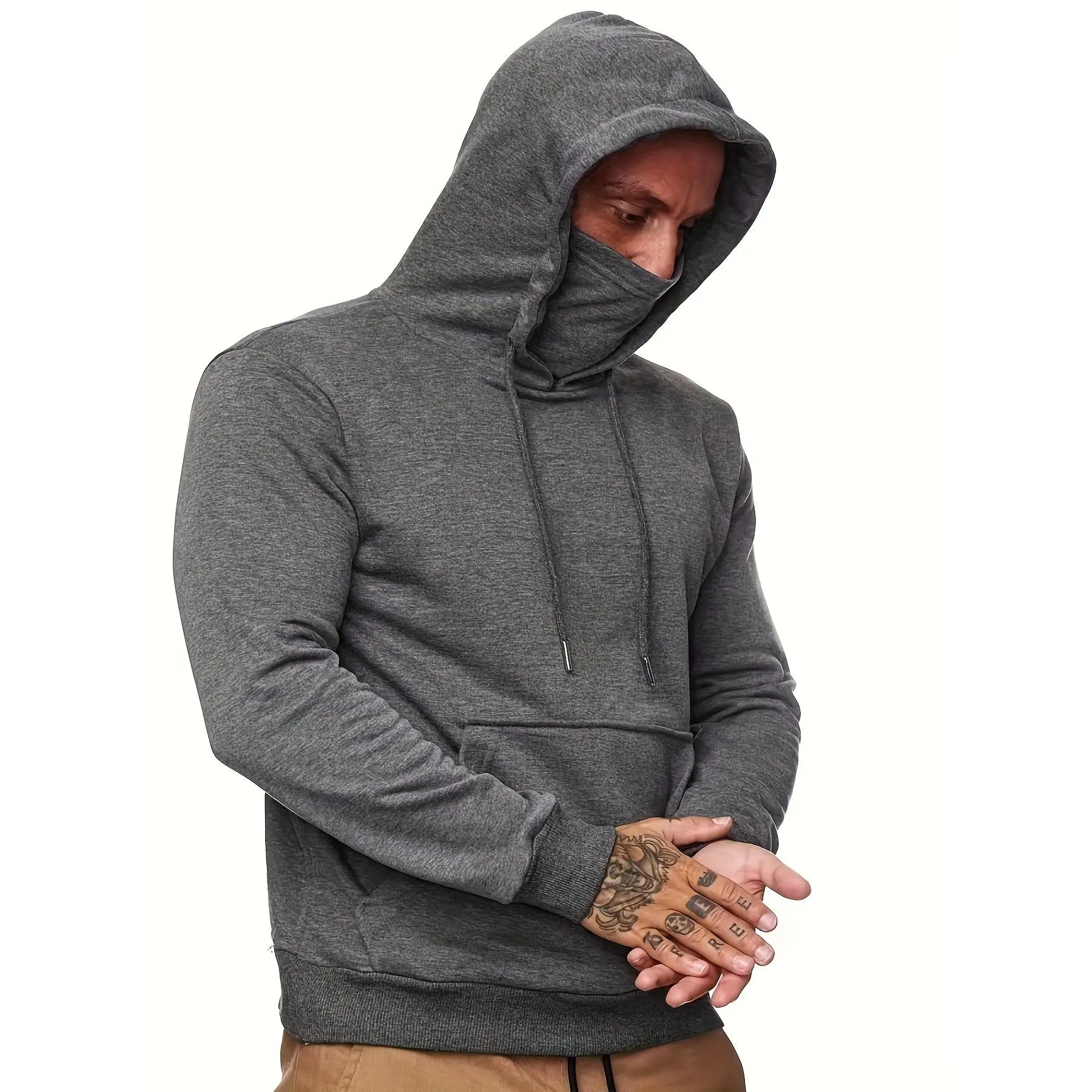Cool Hoodies With Mask For Men, Men's Casual Solid Pullover Hooded Sweatshirt With Kangaroo Pocket Streetwear For Winter Fall, As Gifts