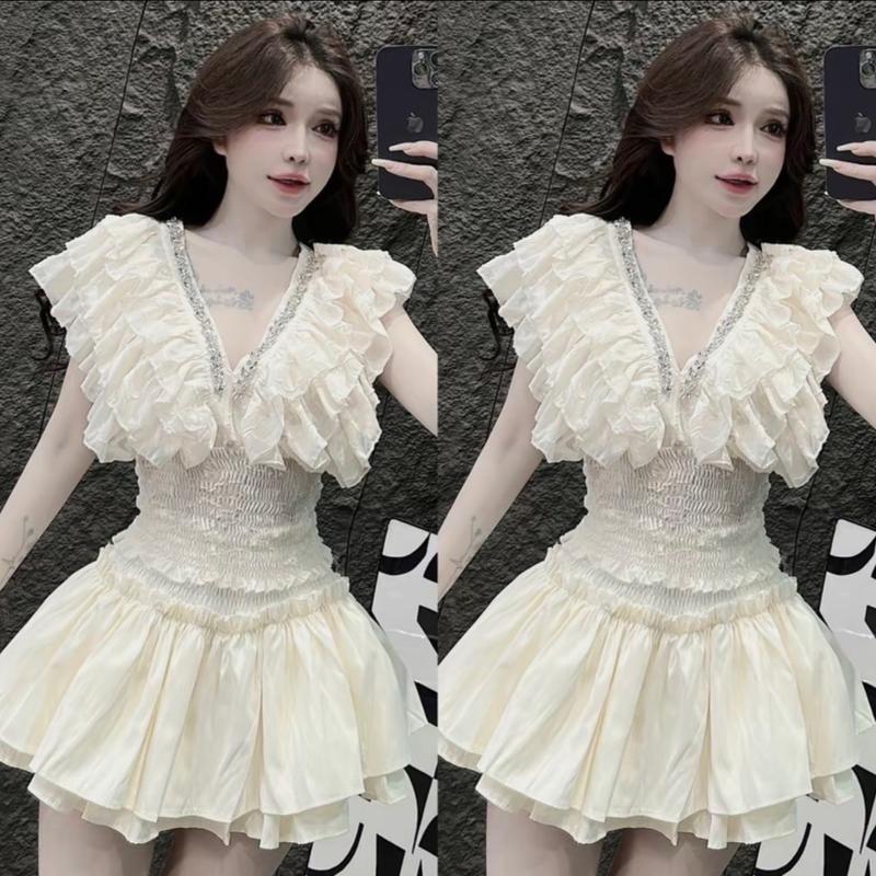 BIGSIZE Set áo bèo cổ V đính đá bo eo kèm chân váy nhún 2 tầng xoè sang chảnh