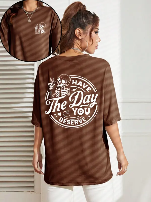 Women's Streetwear Letter & Skeleton Print Drop Shoulder Tee, Casual Half Sleeve Round Neck T-shirt for Daily Wear, Ladies Clothes for All Seasons, Tshirt 8
