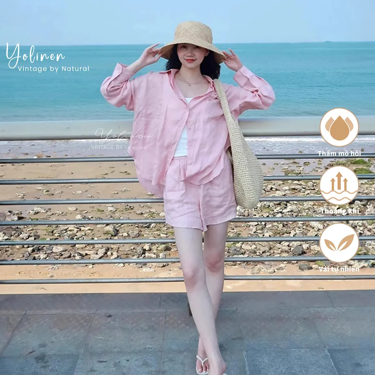 Set Sơ Mi Hồng Dài Tay + Quần Đùi Form Rộng YOLINEN Vải Linen Cotton Mềm Mát, Dạo Phố, Du Lịch