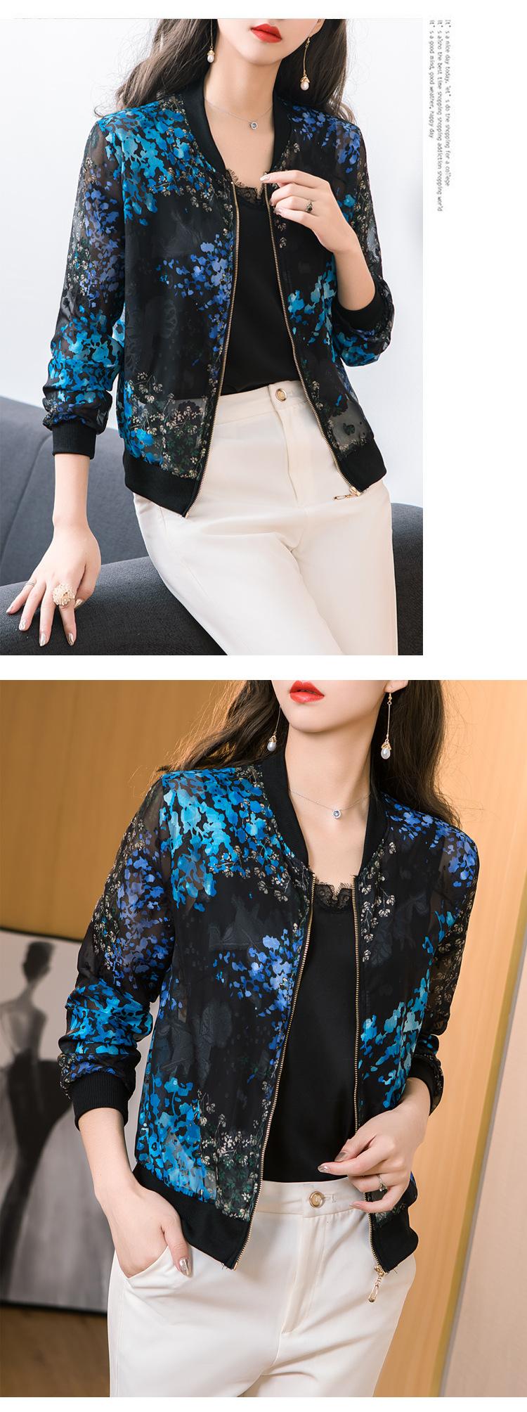 Product Introduction of Chiffon Printed Baseball Jacket Women's Long Sleeve 2025 Spring Summer New Loose Jacket Sun Protection Thin Short Coat 5