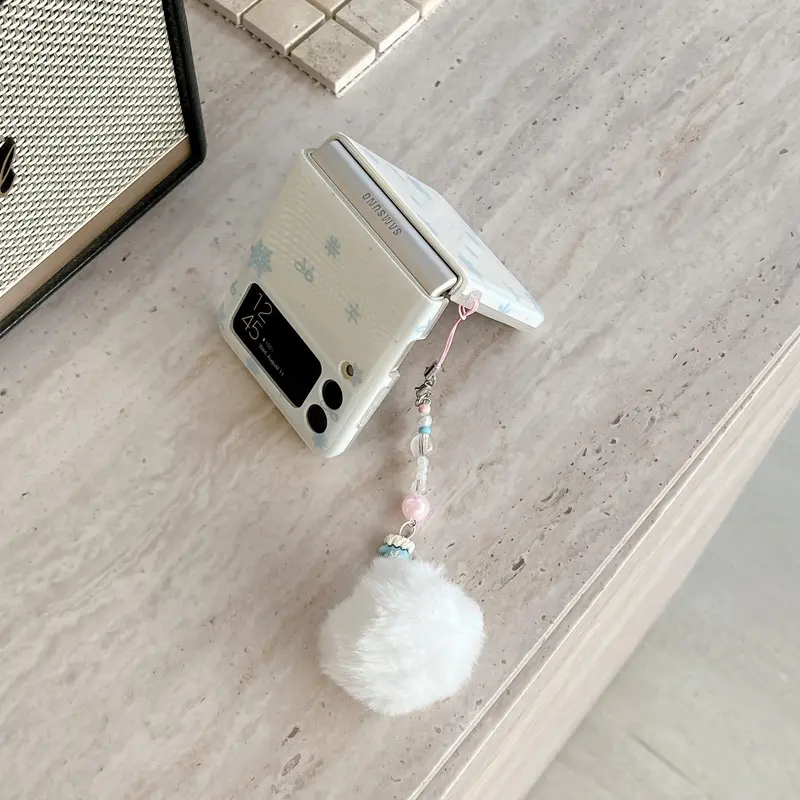 Snowflake Pattern Phone Case with Fluffy Ball Chain, 1 Count Fashion Phone Protective Cover, Phone Accessories Compatible with Samsung Galaxy Z Flip 6 5 4 3 3