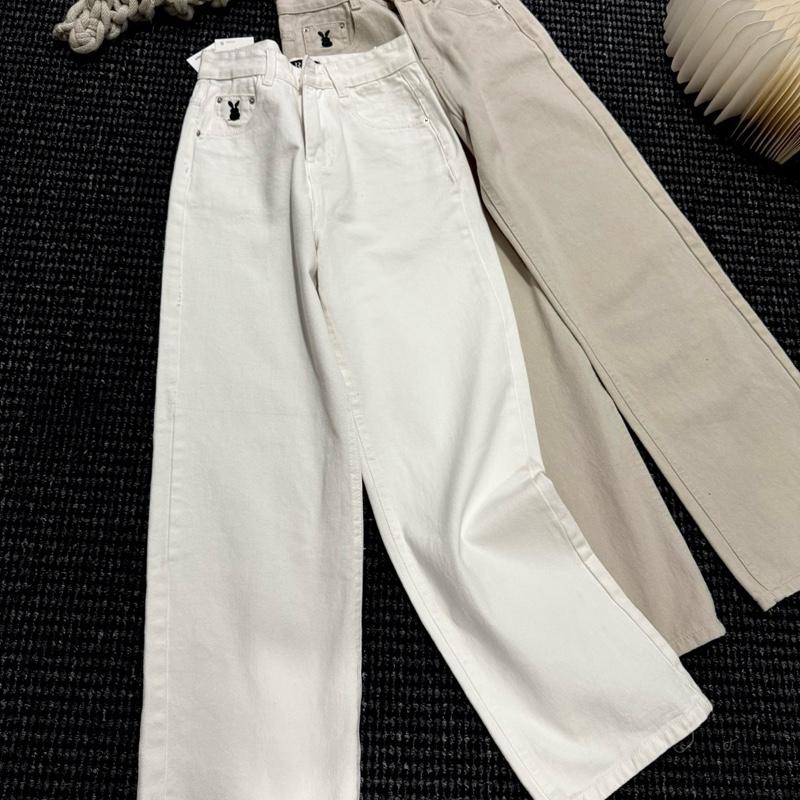 (RITA JEAN)Live Quần Jean KaKi Nữ Ống Xuông Màu Trắng   Màu Kem Thêu Thỏ Vải Mềm Lai Cuốn
